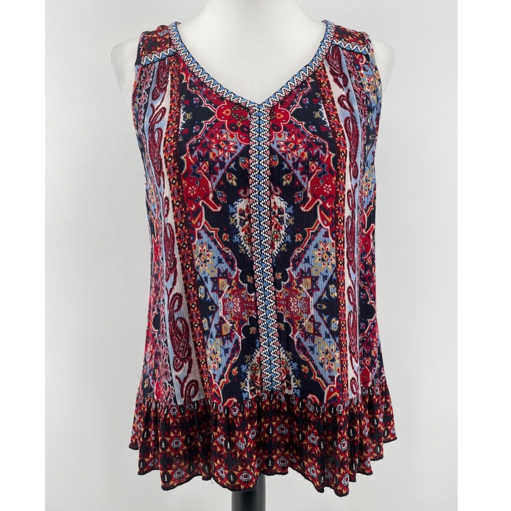 Embroidered Ruffle Top Womens Small Western Boho Festival Artsy Indie Sleeveless